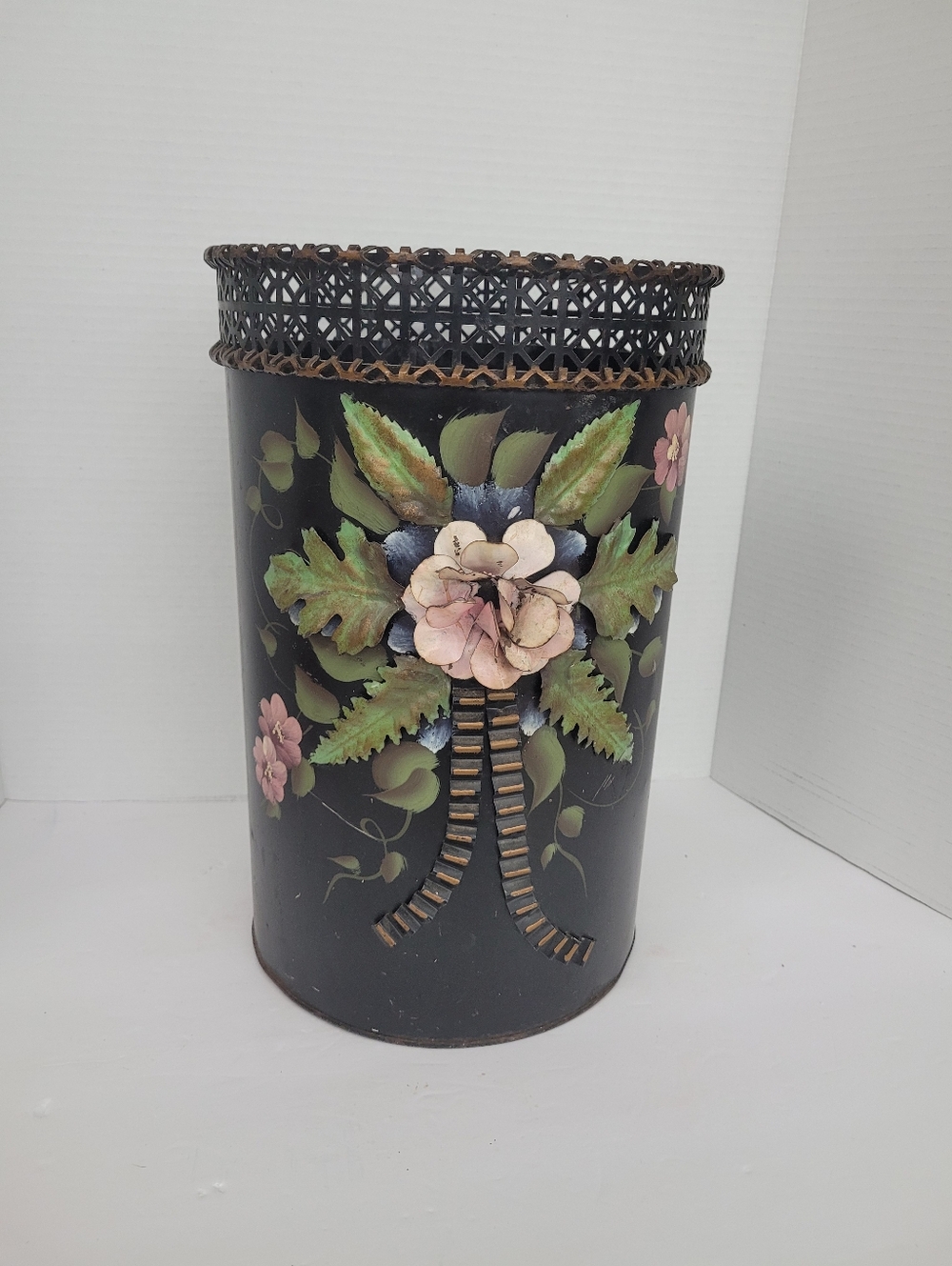 Mid Century Black Metal Trash Can Painted With 3d Accents